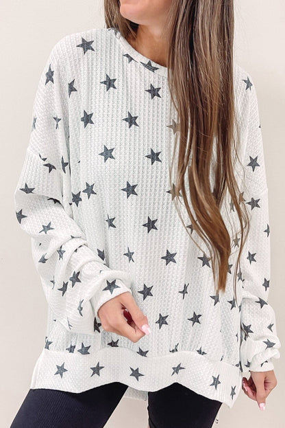 White Star Print Waffle Loose Pullover Top