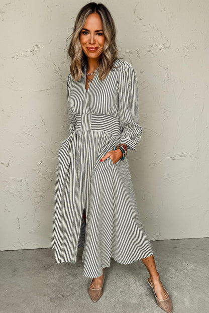 Black Stripe V Neck Zip Front Cinched High Waist Midi Dress