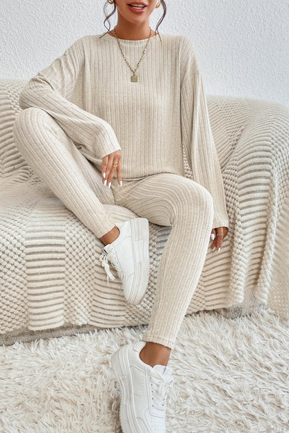 Apricot Ribbed Knit Lounge Set with Long Sleeve Top and Skinny Pants