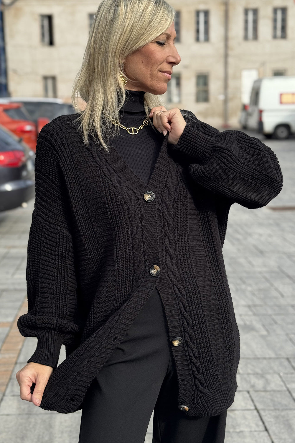 Black Cable Knit Button V Neck Oversize Sweater Cardigan