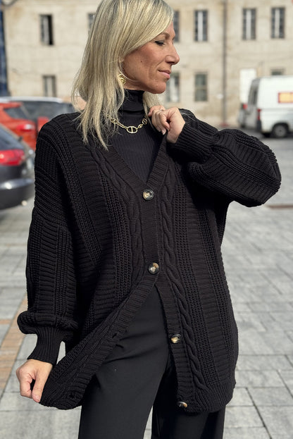 Black Cable Knit Button V Neck Oversize Sweater Cardigan