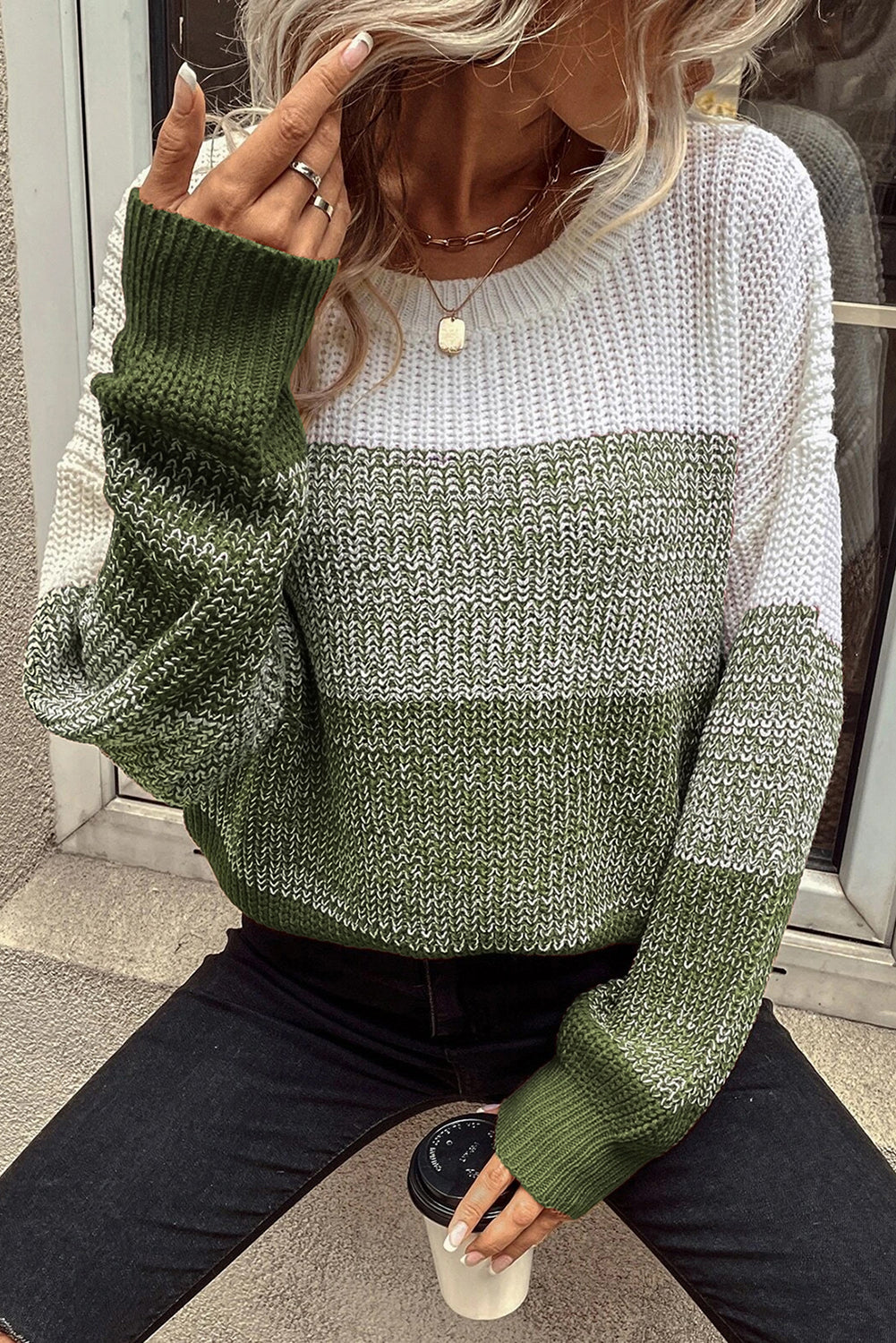 Green Gradient Color Block Round Neck Drop Shoulder Sweater with Ribbed Trim