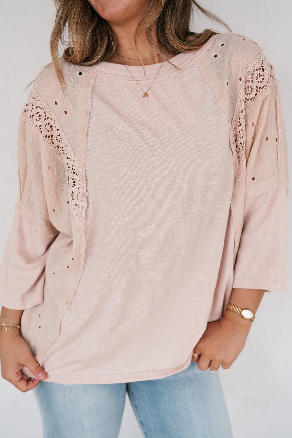 Apricot Pink Floral Lace Eyelet Patchwork Bracelet Sleeve T Shirt