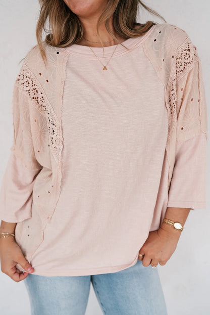 Apricot Pink Floral Lace Eyelet Patchwork Bracelet Sleeve T Shirt