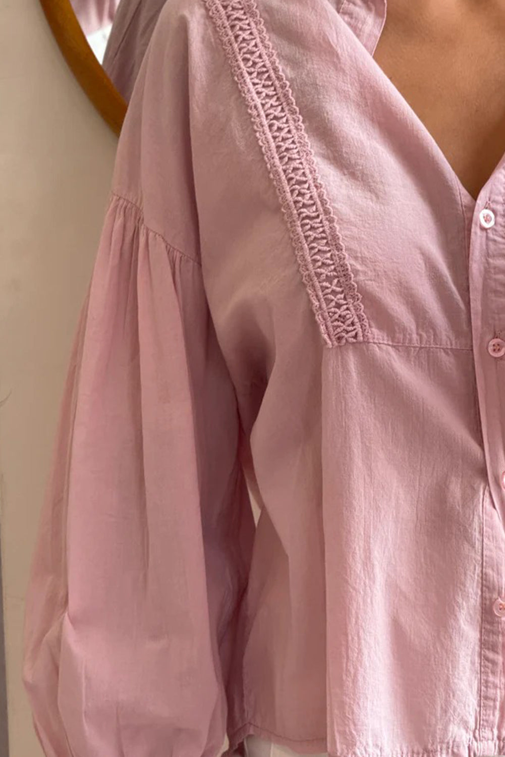 Light Pink Drop Shoulder Puff Sleeve Lace Detail Button Down Shirt