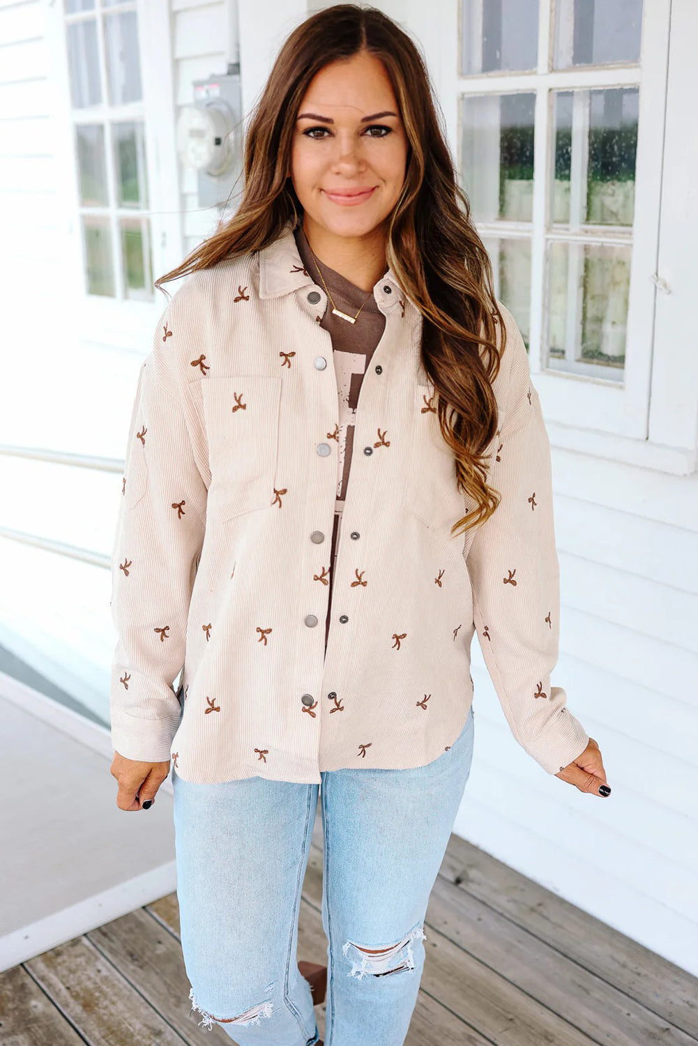 Jet Stream Tiny Bow Embroidered Button Down Corduroy Shacket