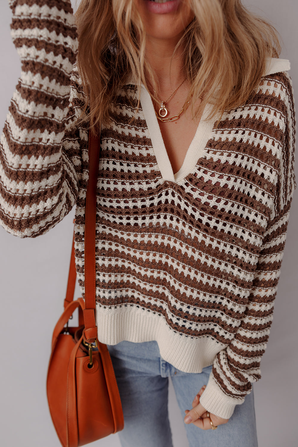 Brown Stripe Eyelet Hollow-out Contrast Collared Pullover Chic Sweater
