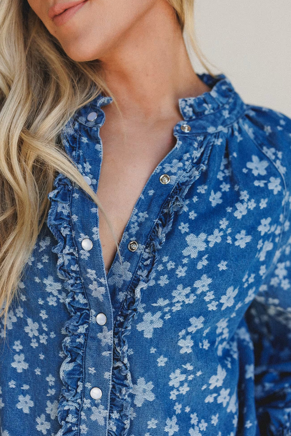 Blue Floral Print Frilled Trim Button Down Long Sleeve Denim Shirt