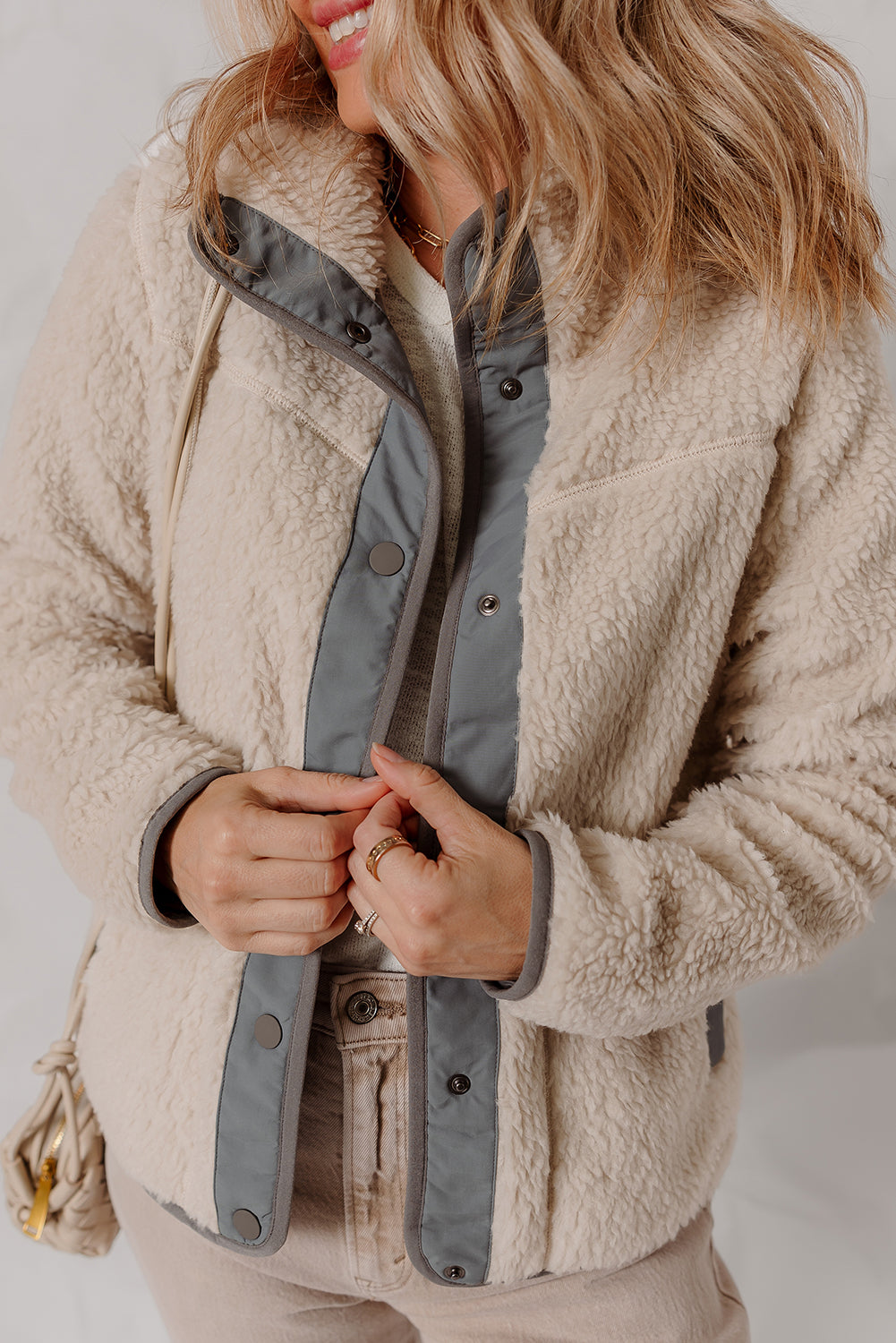 Oatmeal Fleece Sherpa Snap Buttoned Contrast Trim Winter Jacket