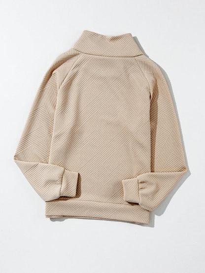 Apricot Textured High Neck Sweatshirt with Unique Asymmetrical Buttons