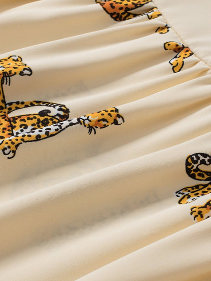 Apricot Leopard Print V-Neck Puff Half Sleeve Blouse