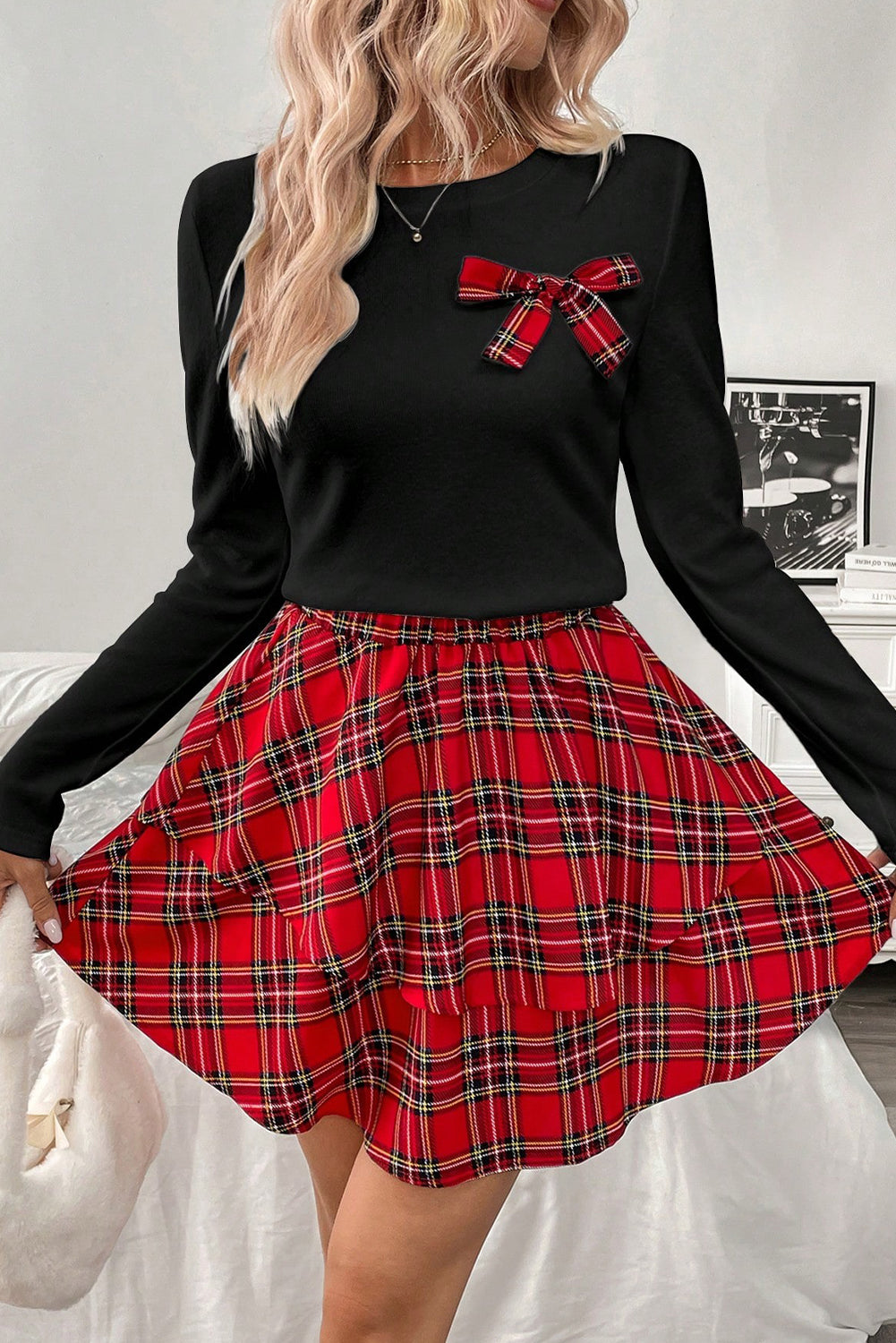 Red Long Sleeve Tee Plaid Bow Decor Ruffle Mini Skirt 2pcs Set
