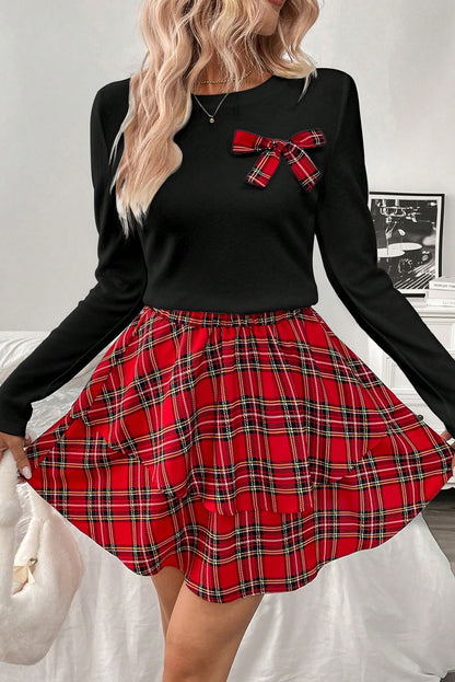 Red Long Sleeve Tee Plaid Bow Decor Ruffle Mini Skirt 2pcs Set