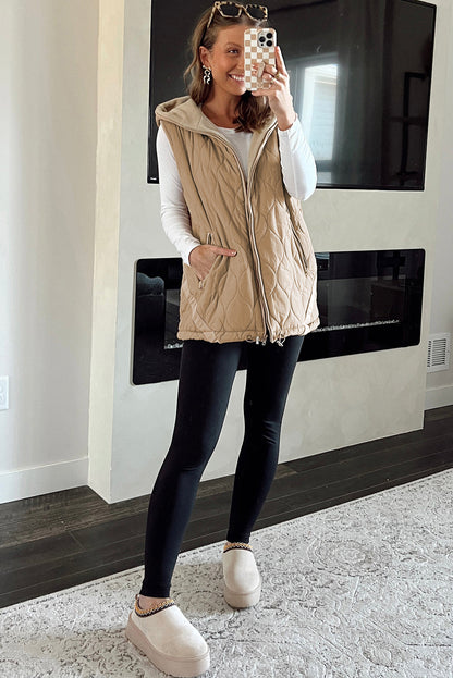 Pale Khaki Quilted Padded Casual Winter Jacket Vest with Fleece Lining