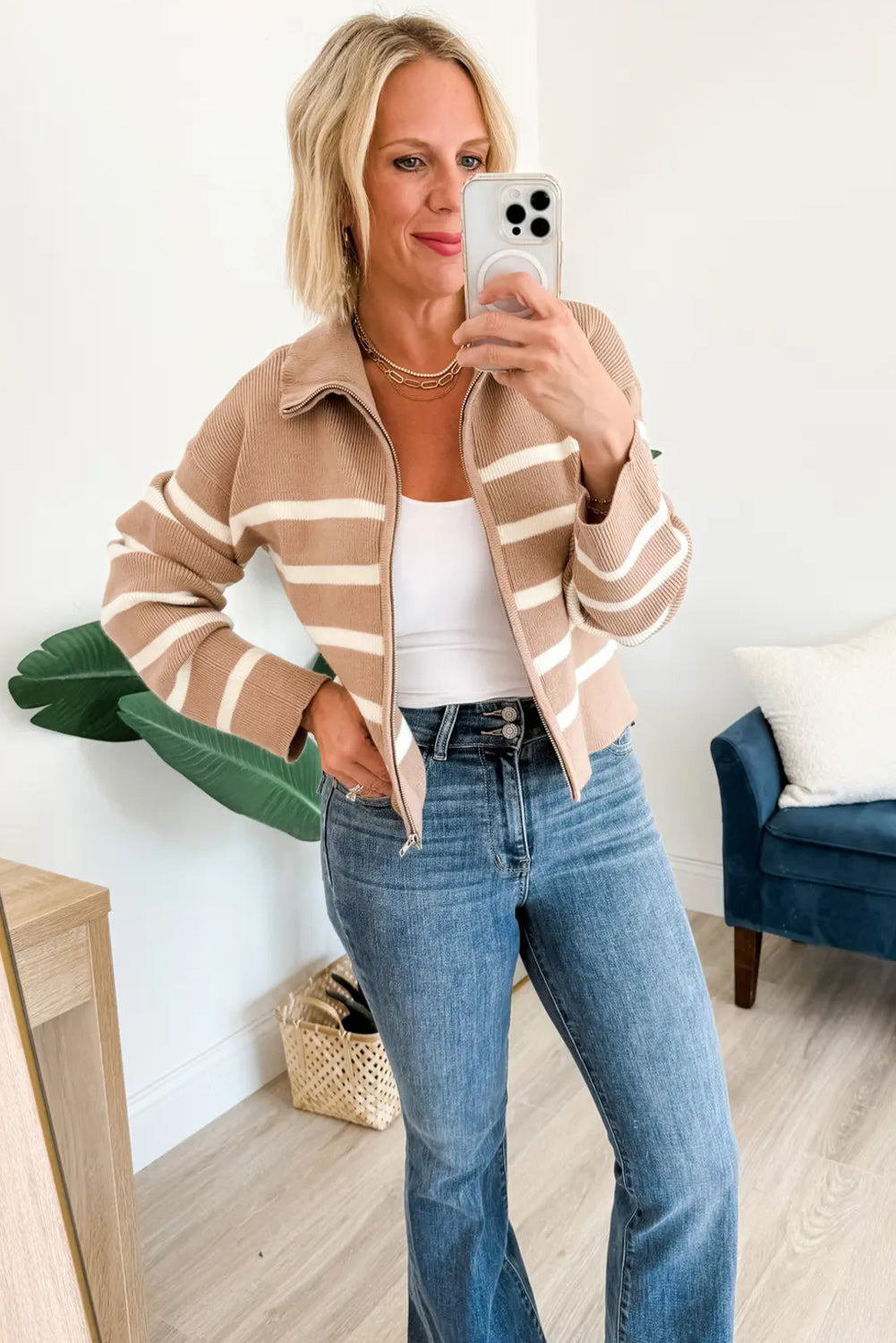 Khaki Stripe Ribbed Knit Zip Up Drop Shoulder Sweater Cardigan