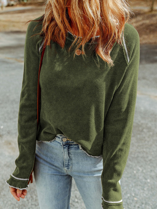 Green Waffle Knit Shift Top with Round Neck and Long Sleeves