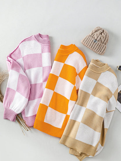 Elegant Pink Plaid Bishop Sleeve Knit Sweater