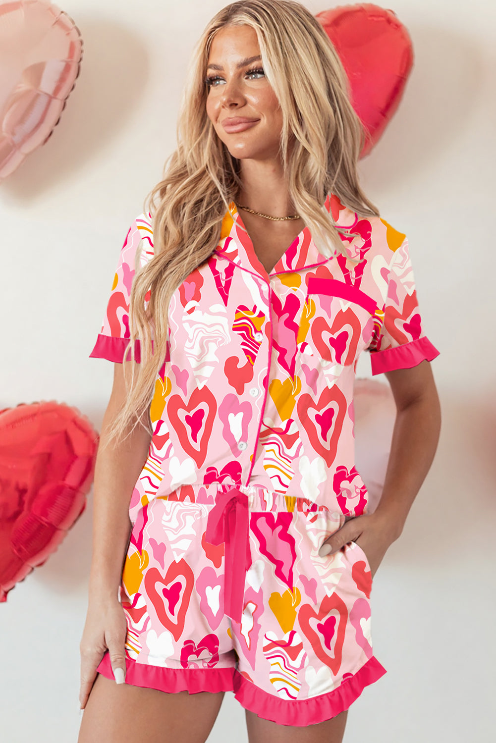 Pink Whimsical Heart Print Ruffle Trim Short Sleeve Pajama 2pcs Set