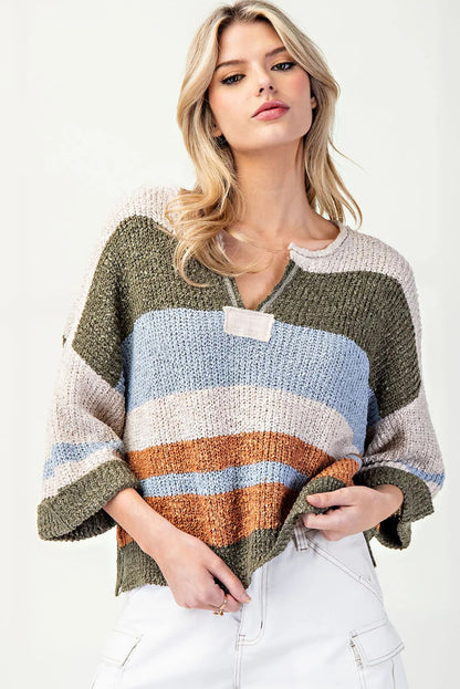 Green Striped Color Block Knit Split Neck Loose 3/4 Sleeve Side Split Sweater