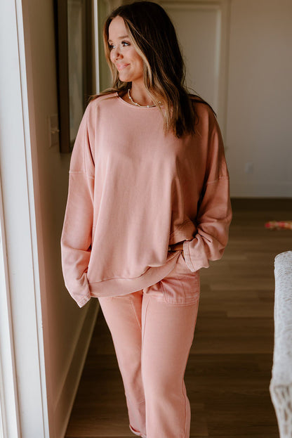 Apricot Pink Exposed Seam Drop Shoulder Pullover Drawstring Pants Lounge 2pcs Set