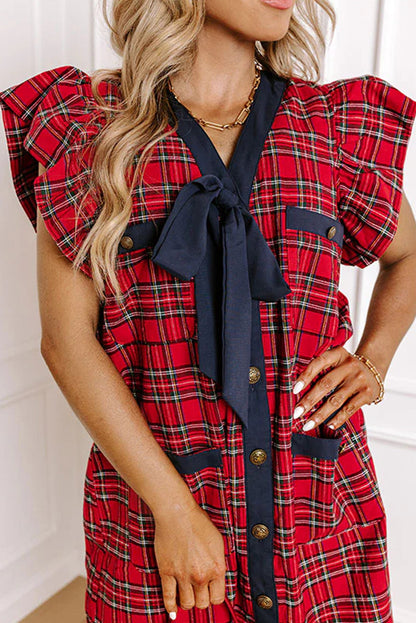 Red Festive Plaid Ruffled Short Sleeve Contrast Ribbon Bow V Neck Button Down Mini Dress