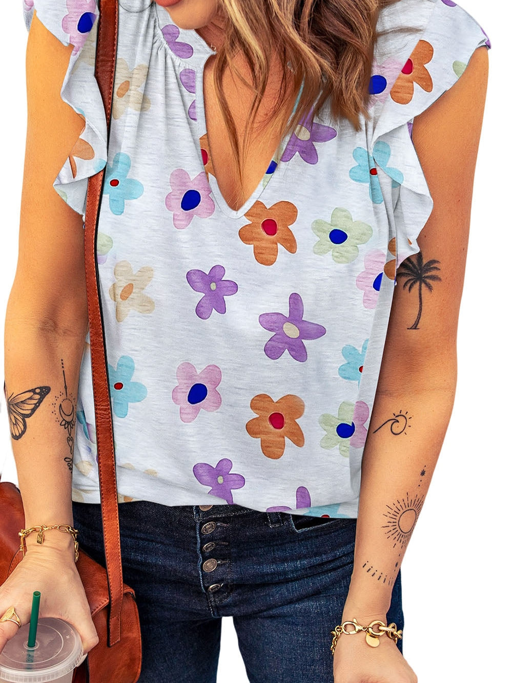 Fluttering White Floral V-Neck Tank Top