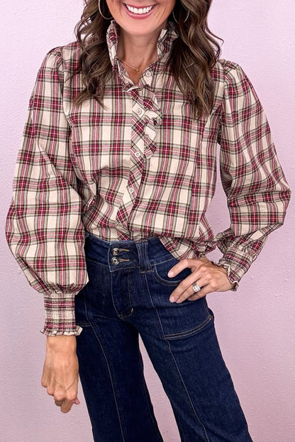 Apricot Plaid Pattern Frilled Collared Puff Sleeve Shirt