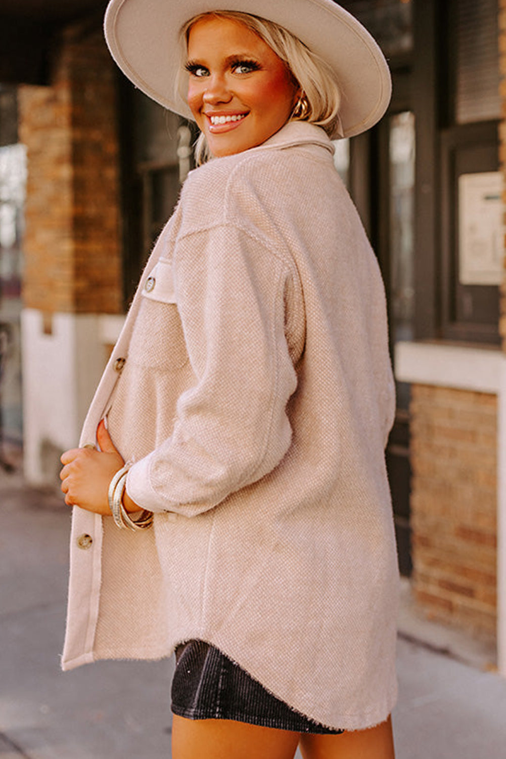 Parchment Solid Flap Pocket Buttoned Front Rounded Hem Casual Shacket