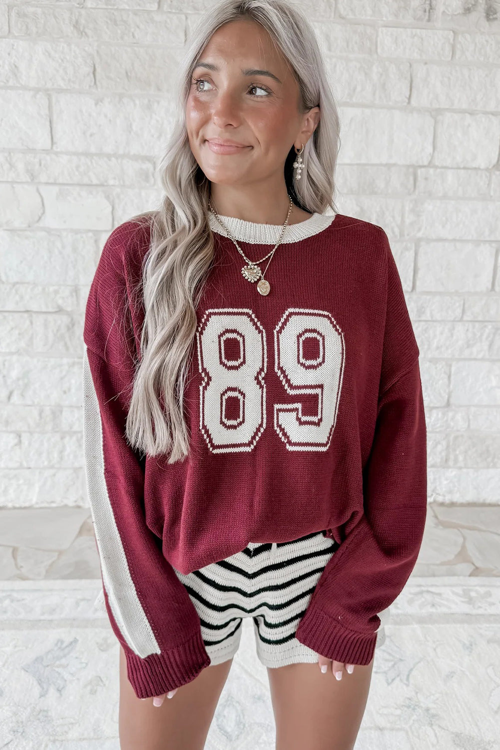 Red Dahlia Number 89 Drop Shoulder Color Block Knit Baggy Sweater