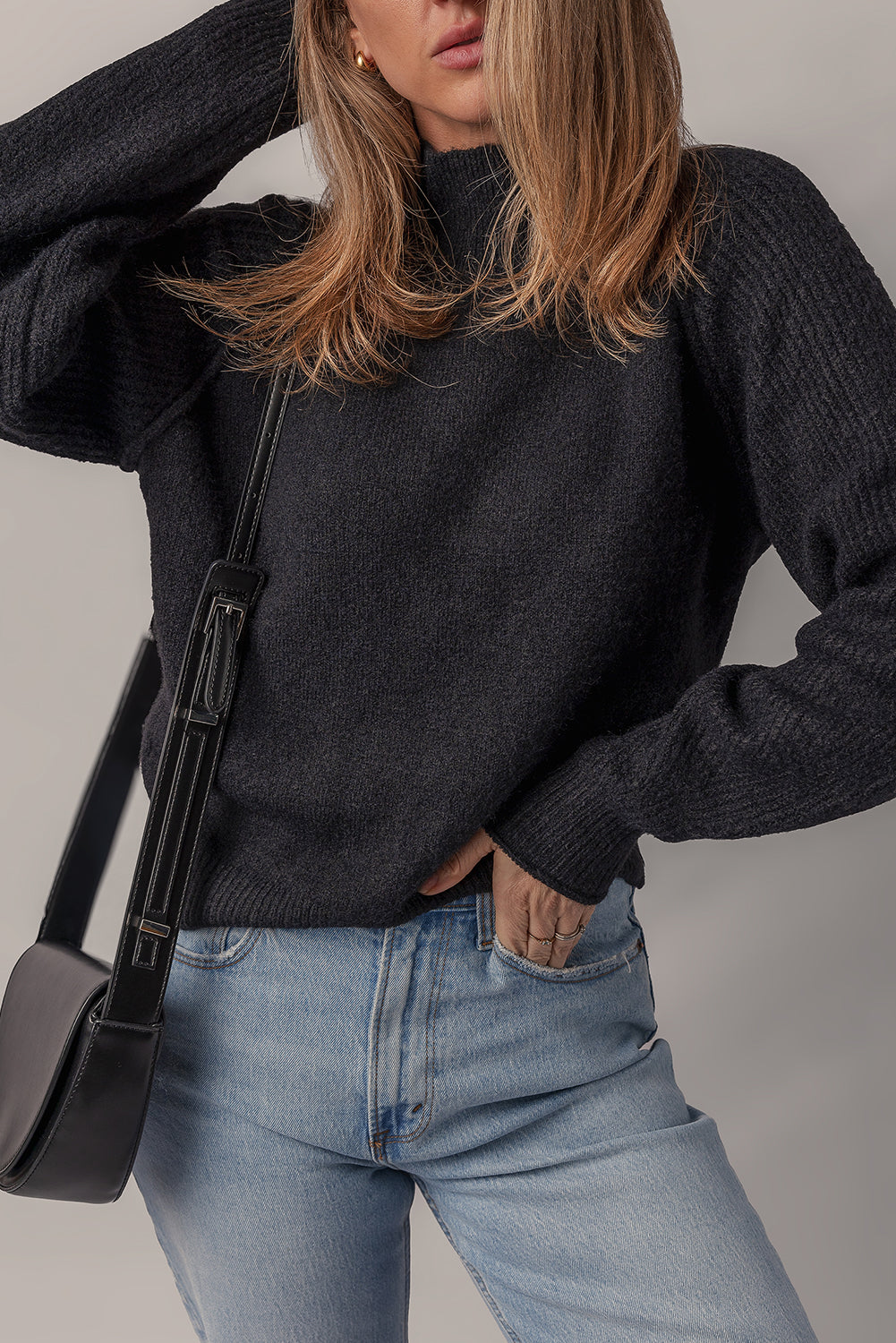 Black Solid Ribbed Knit High Neck Raglan Sleeve Sweater