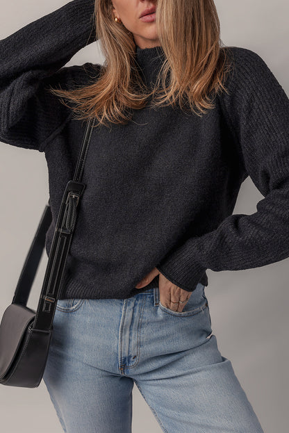 Black Solid Ribbed Knit High Neck Raglan Sleeve Sweater