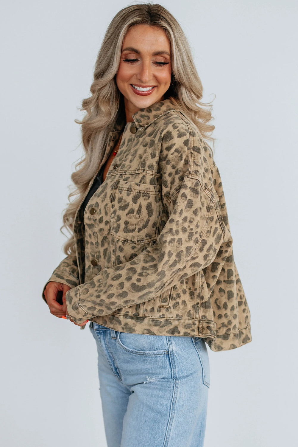 Khaki Retro Leopard Print Seam Detail Button Down Denim Jacket