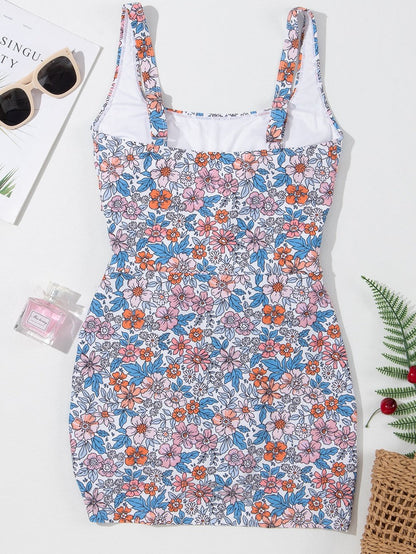 Elegant Pink Floral Drawstring Ruched Beach Swim Dress