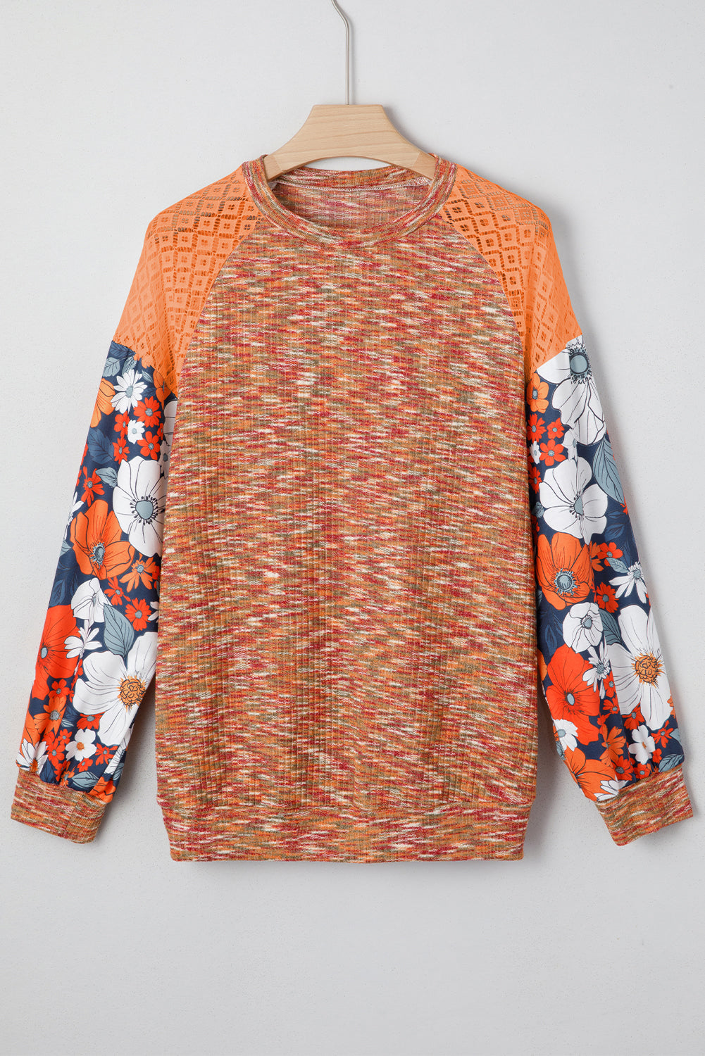 Orange Heathered Knit Lace Floral Patchwork Long Sleeve Blouse