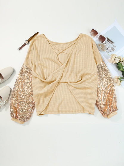 Apricot Sequin Patchwork Waffle Knit Open Back Top with Long Sleeves