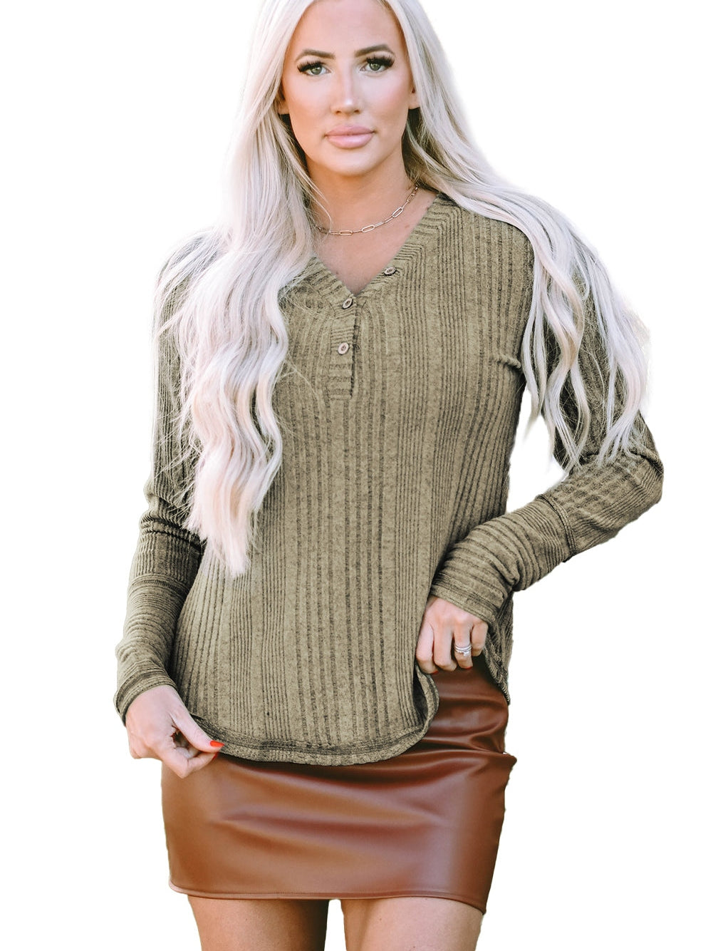 Jungle Green Ribbed Knit V-Neck Button-Up Top