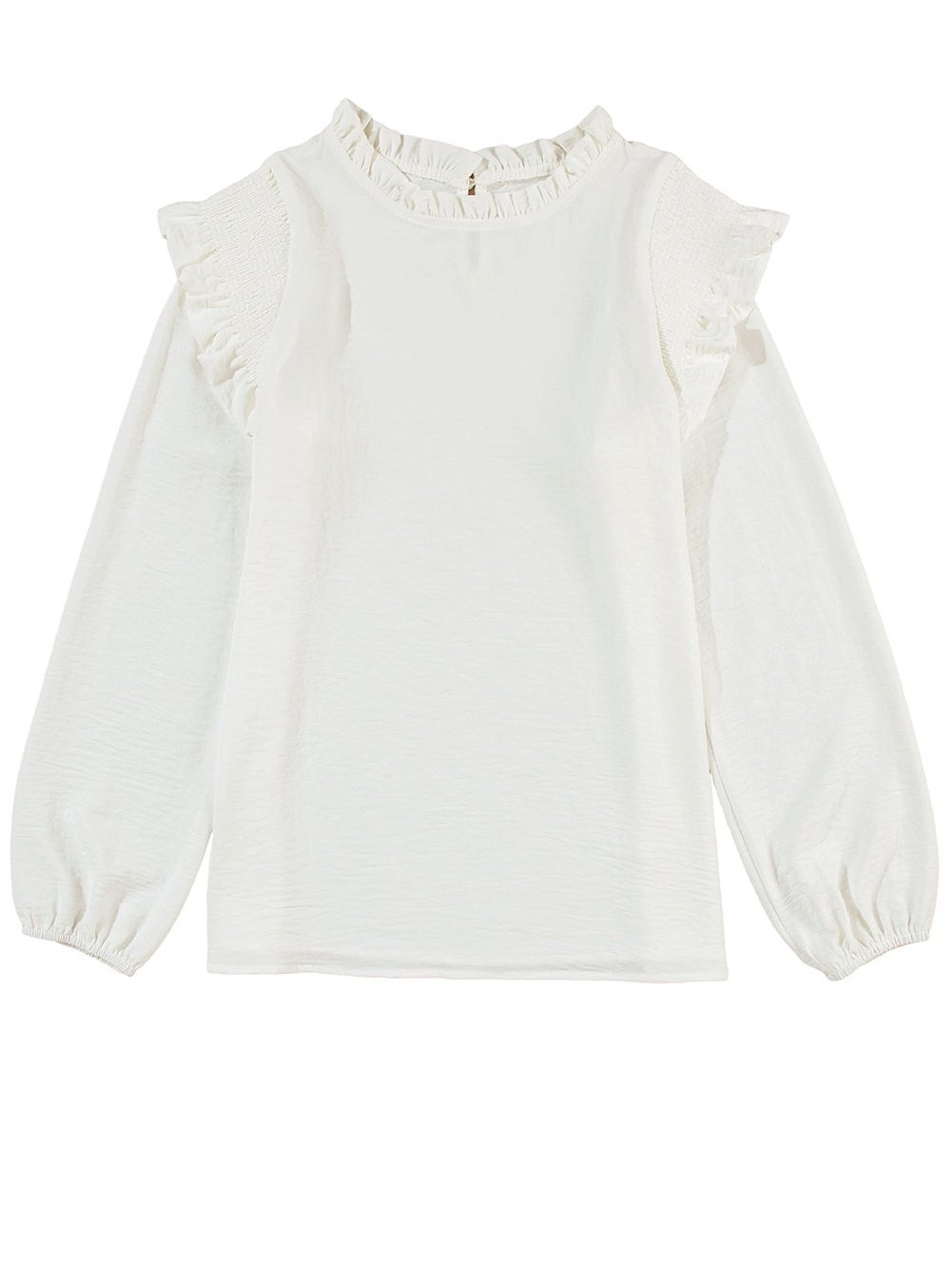 Elegant White Bubble Sleeve Ruffle Blouse