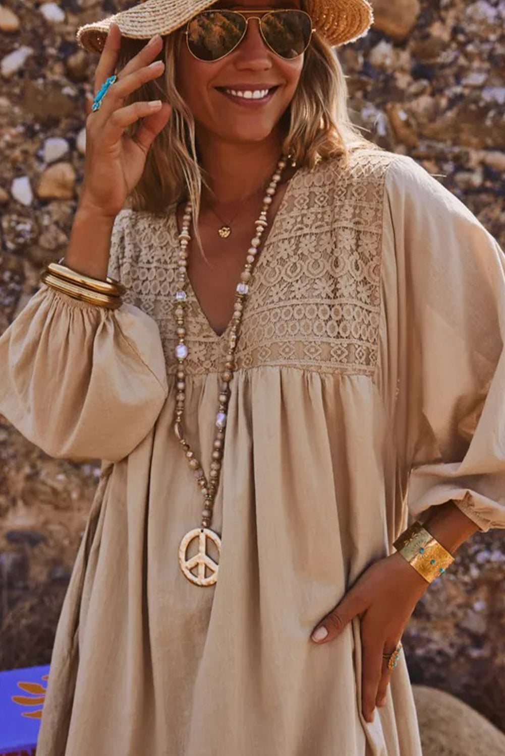 Jet Stream V Neck Lace Patchwork 3/4 Sleeve Long Shift Dress