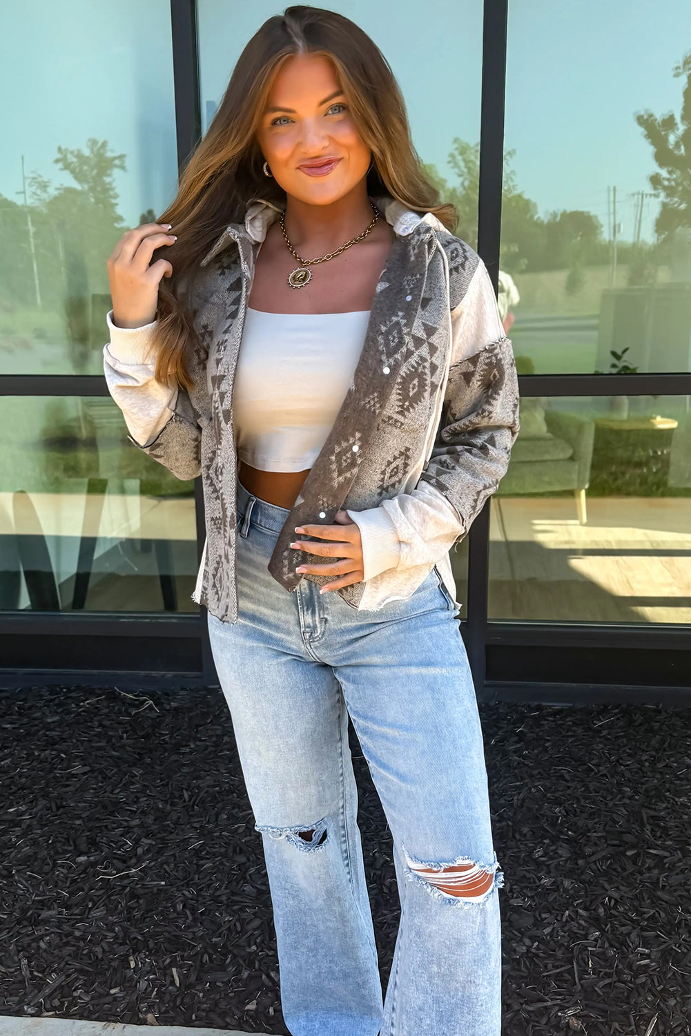 Gray Western Aztec Print Color Block Patchwork Drawstring Hooded Shacket