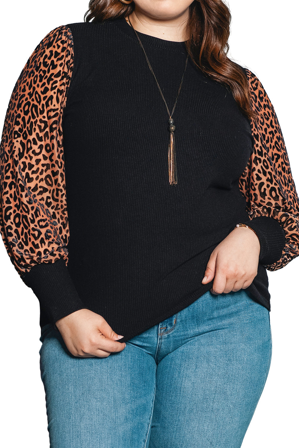 Leopard Print Mock Neck Ribbed Knit Top for Plus Size Women