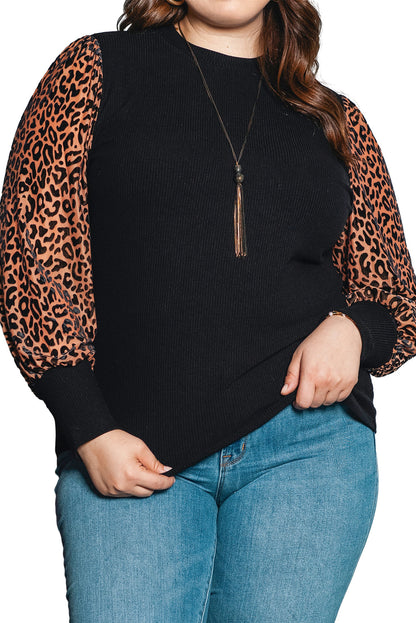 Leopard Print Mock Neck Ribbed Knit Top for Plus Size Women