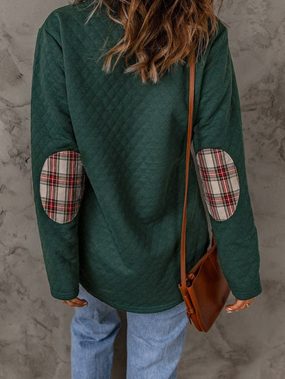 Green Plaid Trim Sweatshirt with Geometric Texture