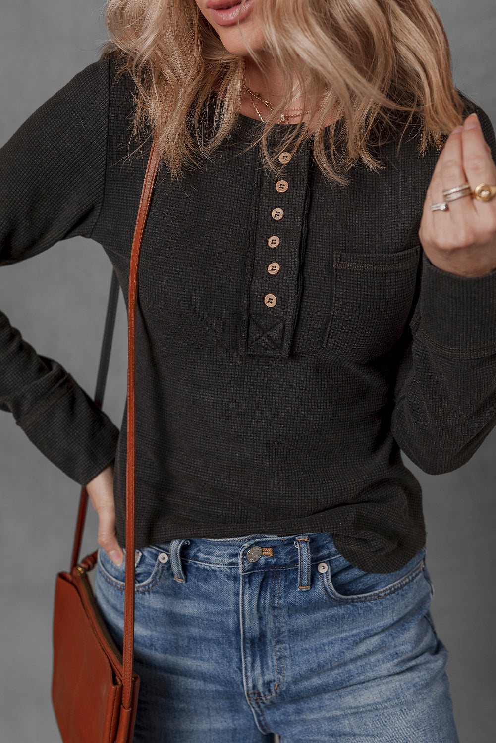 Black Mineral Wash Waffle Knit Single Chest Pocket Long Sleeve Henley Top
