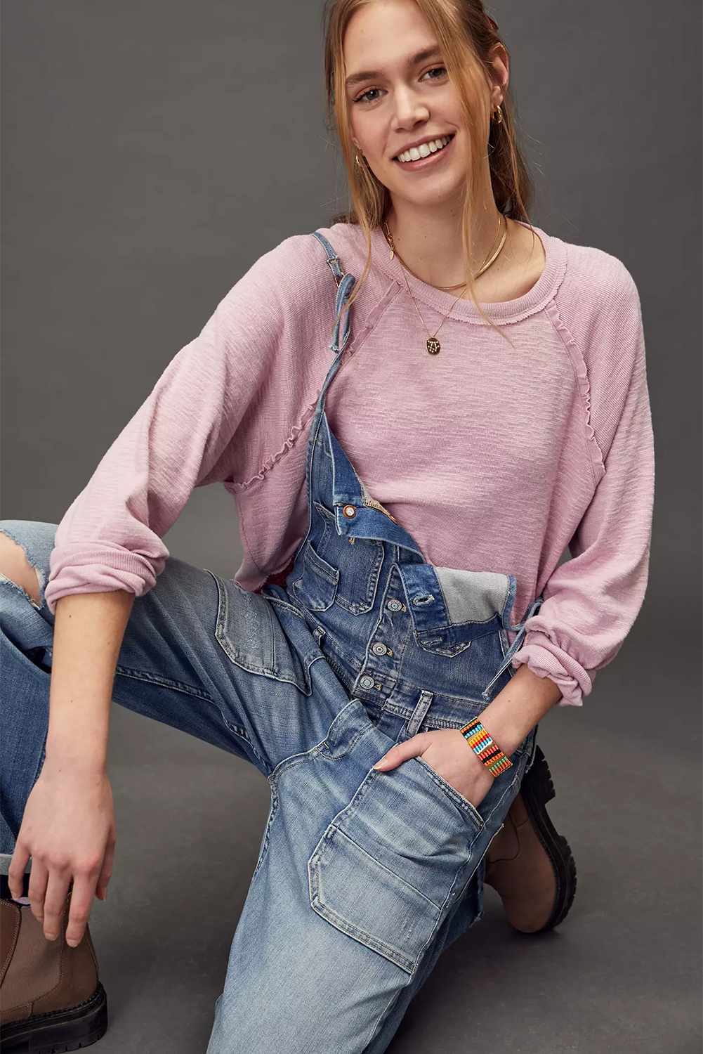 Pale Chestnut Frilled Raw Trim Long Sleeve Top