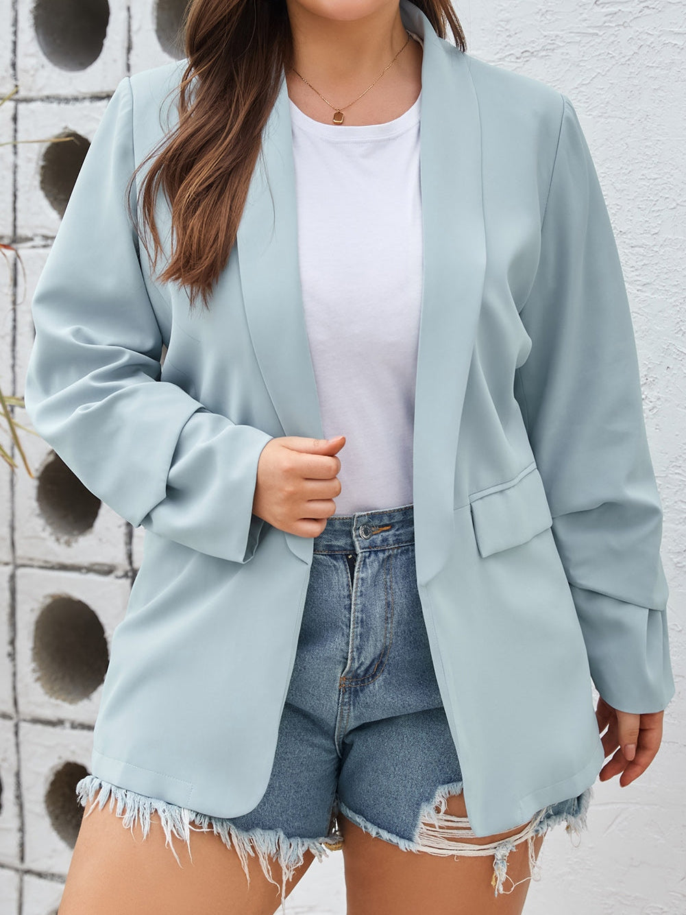 Sky Blue Plus Size Soft Lightweight Pocketed Lapel Blazer