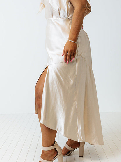 Beige Satin Split Ruffled High Waist Plus Size Skirt