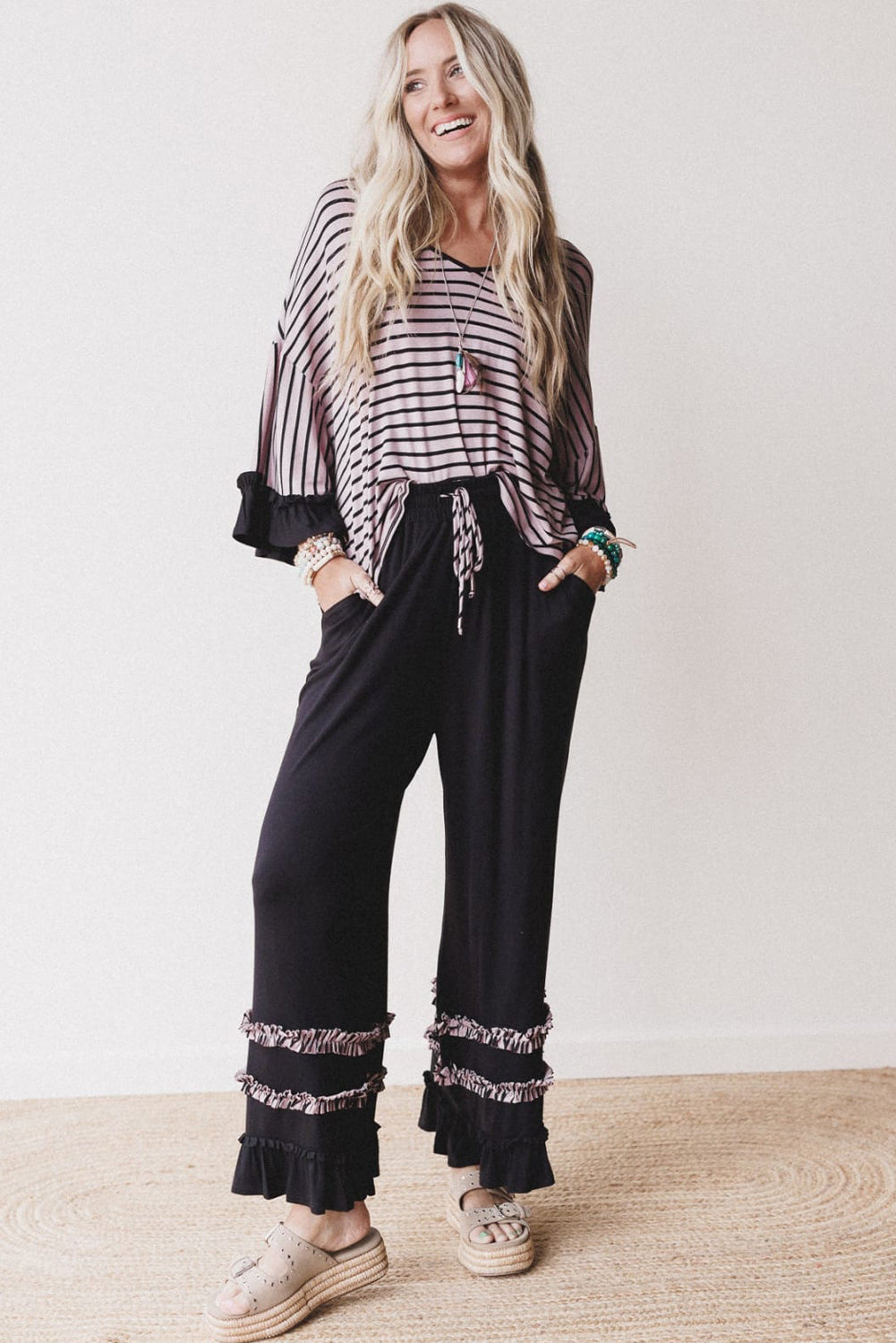Black Striped Drop Shoulder 3/4 Ruffled Sleeve Loose Top and Ruffled Drawstring Pants 2pcs Outfit
