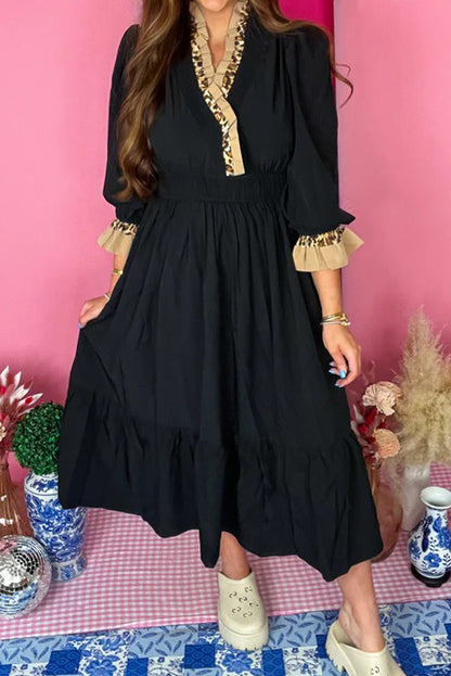 Black Contrast Frilled Trim V Neck 3/4 Ruffled Sleeve Flowy Midi Dress