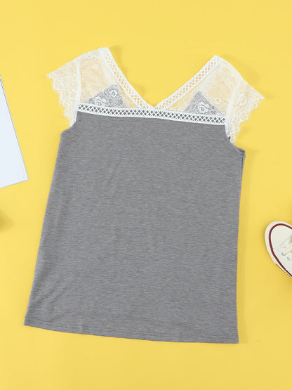 Gray Knit Lace Detail Cap Sleeve Top