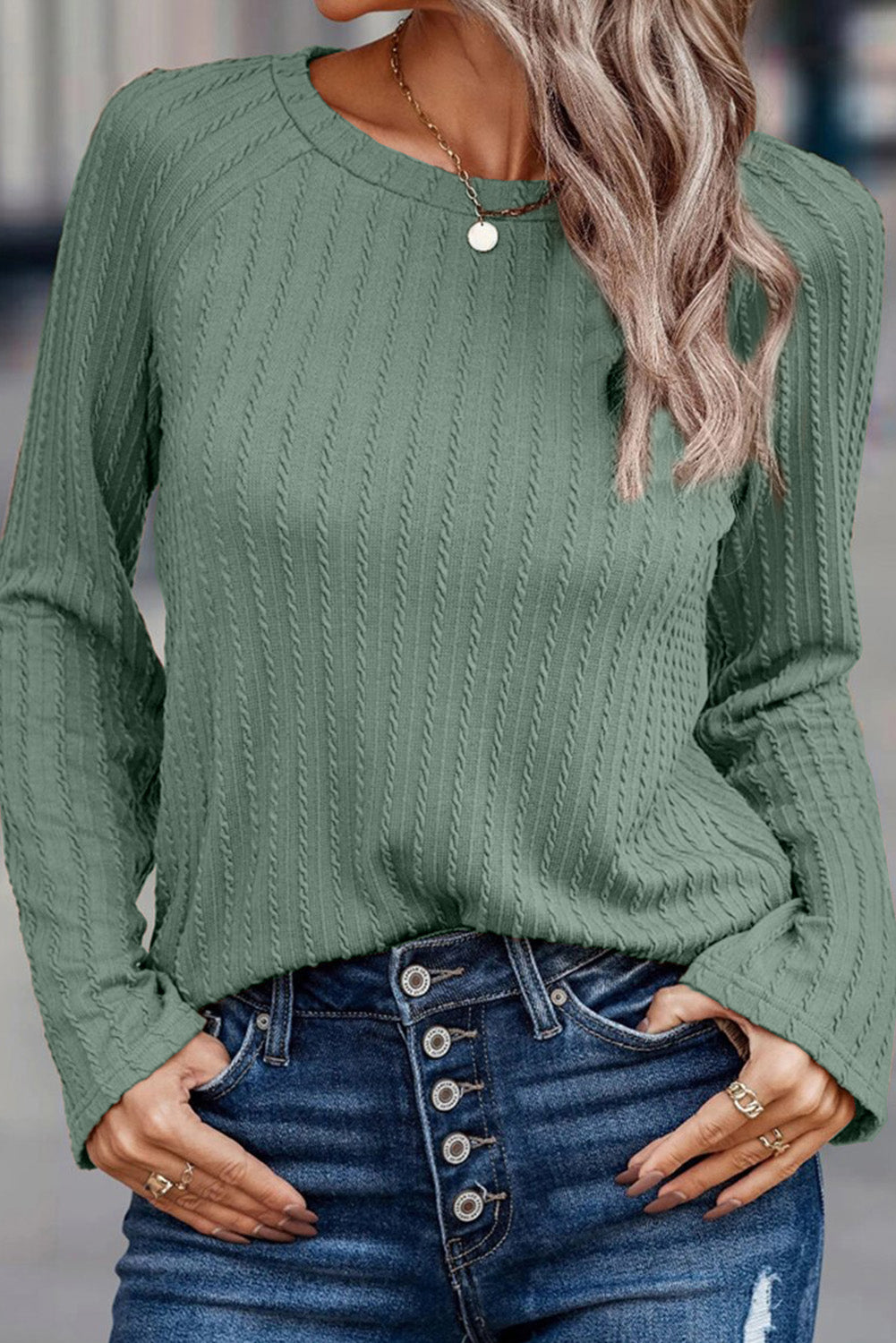 Elegant Green Ribbed Knit Top with Long Sleeves